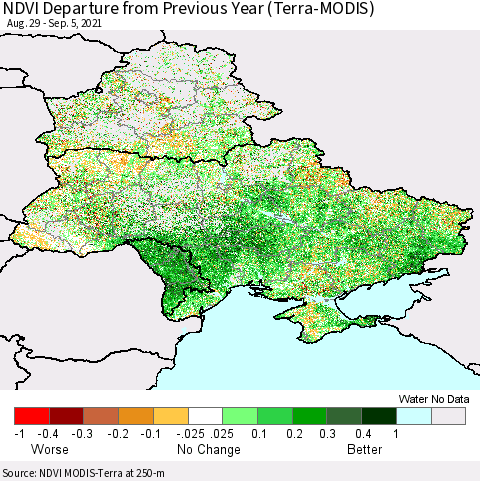 Ukraine, Moldova and Belarus NDVI Departure from Previous Year (Terra-MODIS) Thematic Map For 8/29/2021 - 9/5/2021