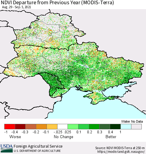 Ukraine, Moldova and Belarus NDVI Departure from Previous Year (Terra-MODIS) Thematic Map For 9/1/2021 - 9/10/2021