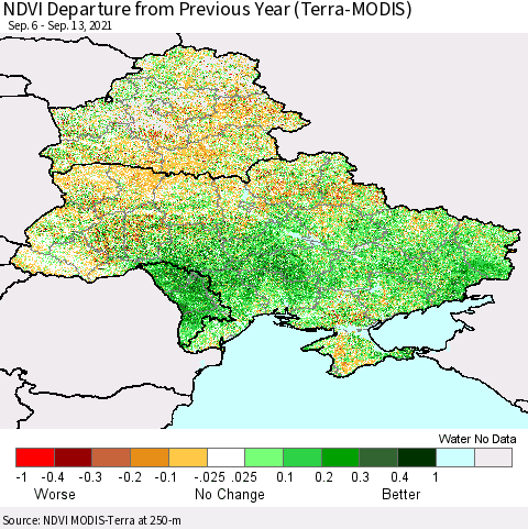 Ukraine, Moldova and Belarus NDVI Departure from Previous Year (Terra-MODIS) Thematic Map For 9/6/2021 - 9/13/2021