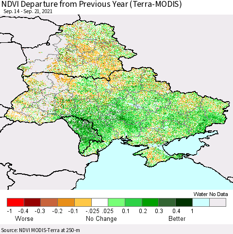 Ukraine, Moldova and Belarus NDVI Departure from Previous Year (Terra-MODIS) Thematic Map For 9/14/2021 - 9/21/2021