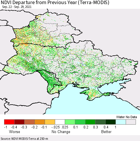 Ukraine, Moldova and Belarus NDVI Departure from Previous Year (Terra-MODIS) Thematic Map For 9/22/2021 - 9/29/2021