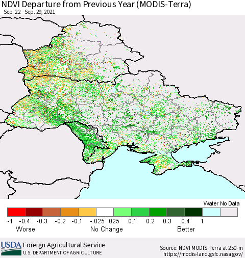 Ukraine, Moldova and Belarus NDVI Departure from Previous Year (Terra-MODIS) Thematic Map For 9/21/2021 - 9/30/2021