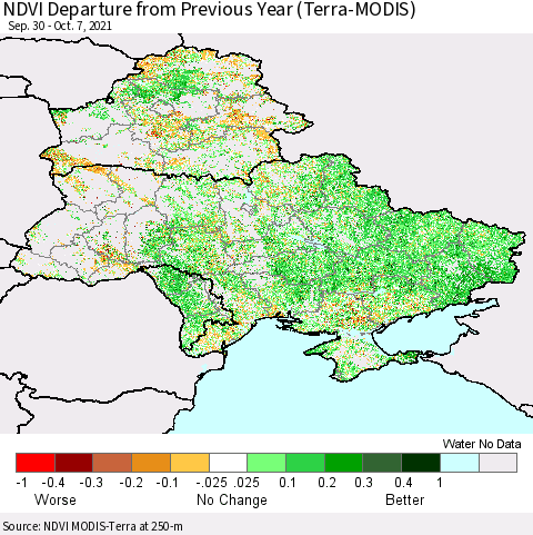 Ukraine, Moldova and Belarus NDVI Departure from Previous Year (Terra-MODIS) Thematic Map For 9/30/2021 - 10/7/2021