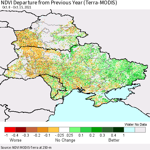 Ukraine, Moldova and Belarus NDVI Departure from Previous Year (Terra-MODIS) Thematic Map For 10/8/2021 - 10/15/2021