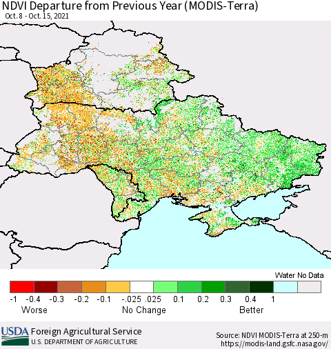 Ukraine, Moldova and Belarus NDVI Departure from Previous Year (Terra-MODIS) Thematic Map For 10/11/2021 - 10/20/2021