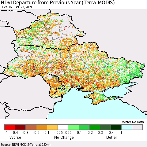 Ukraine, Moldova and Belarus NDVI Departure from Previous Year (Terra-MODIS) Thematic Map For 10/16/2021 - 10/23/2021