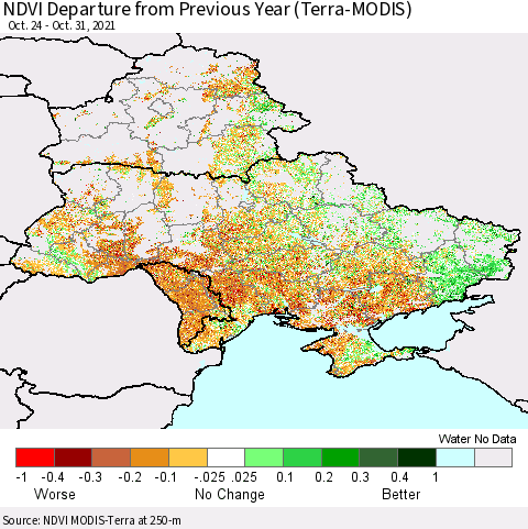 Ukraine, Moldova and Belarus NDVI Departure from Previous Year (Terra-MODIS) Thematic Map For 10/24/2021 - 10/31/2021