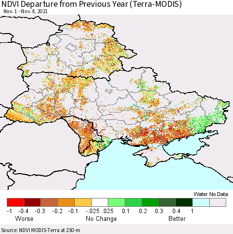 Ukraine, Moldova and Belarus NDVI Departure from Previous Year (Terra-MODIS) Thematic Map For 11/1/2021 - 11/8/2021