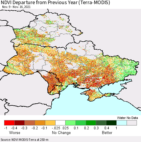 Ukraine, Moldova and Belarus NDVI Departure from Previous Year (Terra-MODIS) Thematic Map For 11/9/2021 - 11/16/2021
