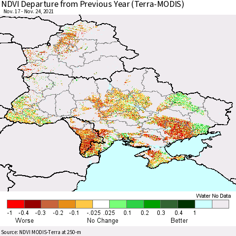 Ukraine, Moldova and Belarus NDVI Departure from Previous Year (Terra-MODIS) Thematic Map For 11/17/2021 - 11/24/2021