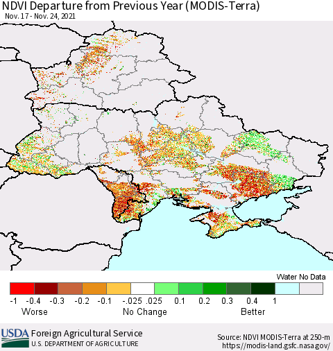 Ukraine, Moldova and Belarus NDVI Departure from Previous Year (Terra-MODIS) Thematic Map For 11/21/2021 - 11/30/2021