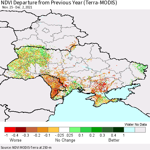 Ukraine, Moldova and Belarus NDVI Departure from Previous Year (Terra-MODIS) Thematic Map For 11/25/2021 - 12/2/2021