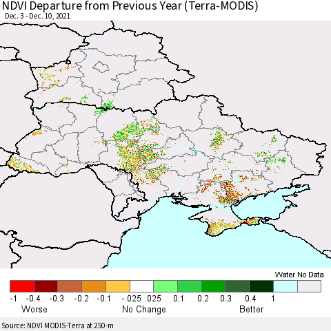 Ukraine, Moldova and Belarus NDVI Departure from Previous Year (Terra-MODIS) Thematic Map For 12/1/2021 - 12/10/2021