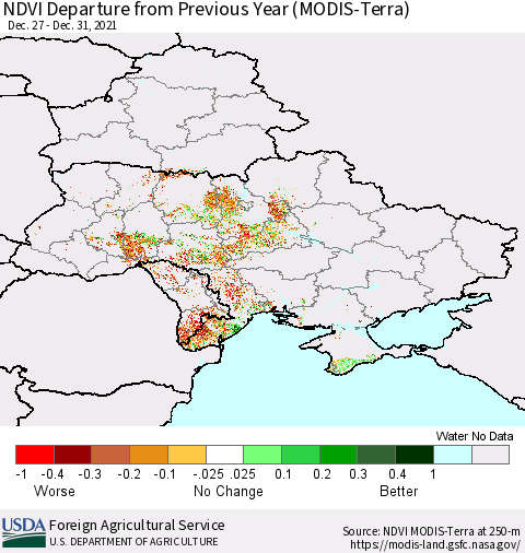 Ukraine, Moldova and Belarus NDVI Departure from Previous Year (Terra-MODIS) Thematic Map For 12/21/2021 - 12/31/2021