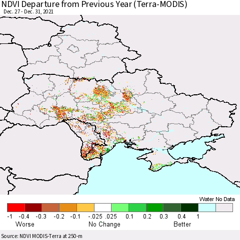 Ukraine, Moldova and Belarus NDVI Departure from Previous Year (Terra-MODIS) Thematic Map For 12/26/2021 - 1/2/2022