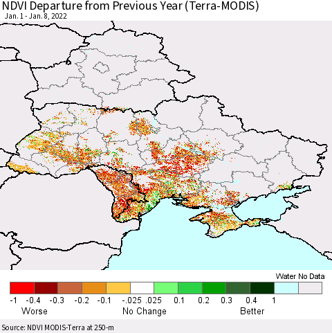 Ukraine, Moldova and Belarus NDVI Departure from Previous Year (Terra-MODIS) Thematic Map For 1/1/2022 - 1/8/2022