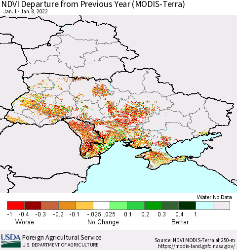 Ukraine, Moldova and Belarus NDVI Departure from Previous Year (Terra-MODIS) Thematic Map For 1/1/2022 - 1/10/2022