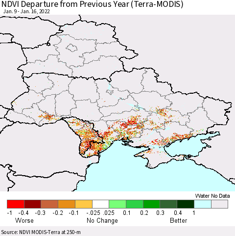 Ukraine, Moldova and Belarus NDVI Departure from Previous Year (Terra-MODIS) Thematic Map For 1/9/2022 - 1/16/2022