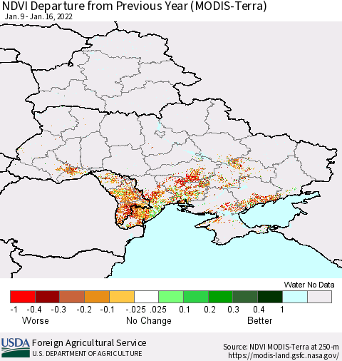 Ukraine, Moldova and Belarus NDVI Departure from Previous Year (Terra-MODIS) Thematic Map For 1/11/2022 - 1/20/2022