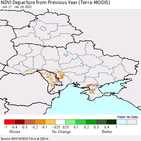 Ukraine, Moldova and Belarus NDVI Departure from Previous Year (Terra-MODIS) Thematic Map For 1/17/2022 - 1/24/2022