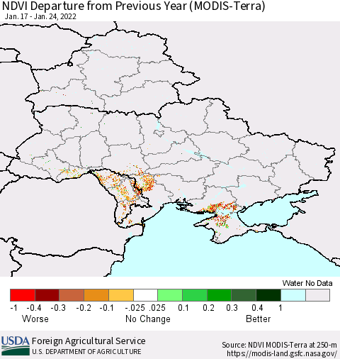 Ukraine, Moldova and Belarus NDVI Departure from Previous Year (Terra-MODIS) Thematic Map For 1/21/2022 - 1/31/2022