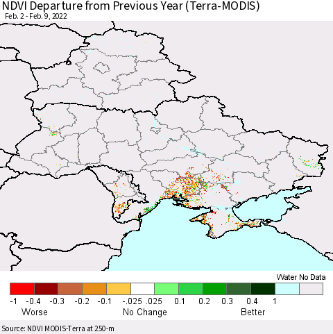 Ukraine, Moldova and Belarus NDVI Departure from Previous Year (Terra-MODIS) Thematic Map For 2/2/2022 - 2/9/2022
