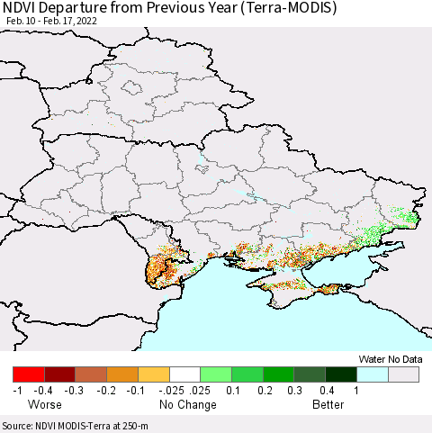 Ukraine, Moldova and Belarus NDVI Departure from Previous Year (Terra-MODIS) Thematic Map For 2/10/2022 - 2/17/2022