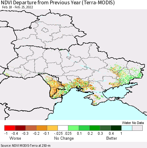 Ukraine, Moldova and Belarus NDVI Departure from Previous Year (Terra-MODIS) Thematic Map For 2/18/2022 - 2/25/2022