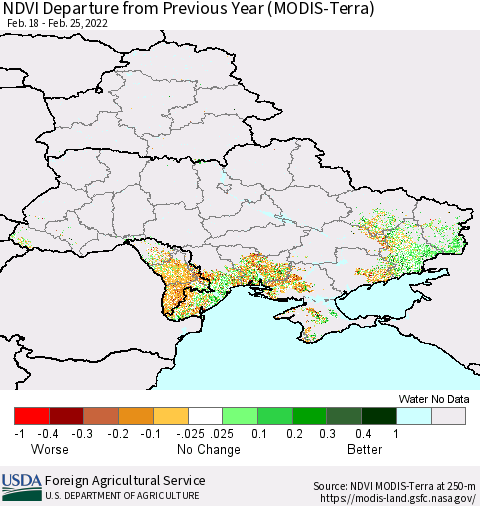 Ukraine, Moldova and Belarus NDVI Departure from Previous Year (Terra-MODIS) Thematic Map For 2/21/2022 - 2/28/2022