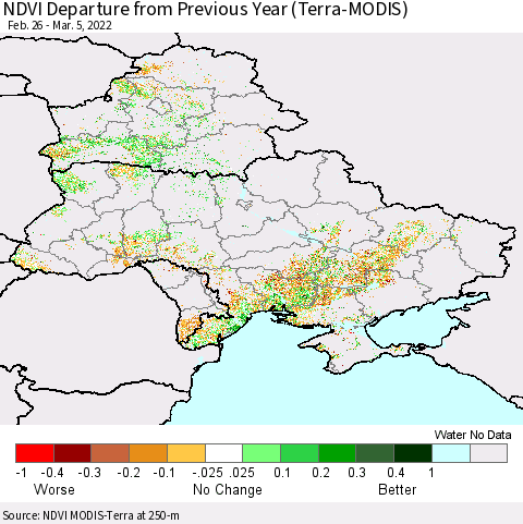 Ukraine, Moldova and Belarus NDVI Departure from Previous Year (Terra-MODIS) Thematic Map For 2/26/2022 - 3/5/2022