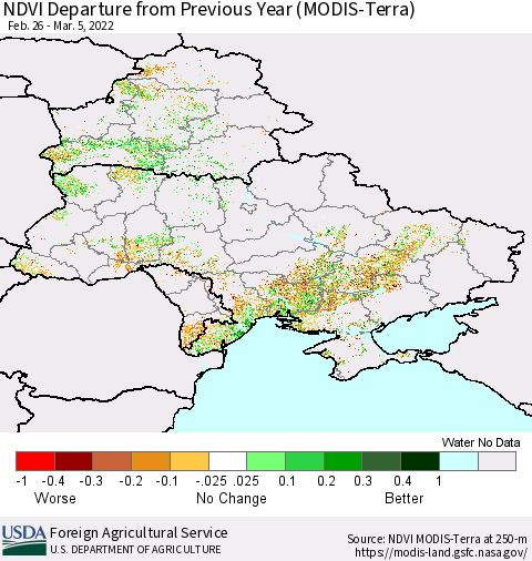 Ukraine, Moldova and Belarus NDVI Departure from Previous Year (Terra-MODIS) Thematic Map For 3/1/2022 - 3/10/2022