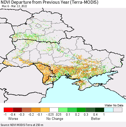 Ukraine, Moldova and Belarus NDVI Departure from Previous Year (Terra-MODIS) Thematic Map For 3/6/2022 - 3/13/2022