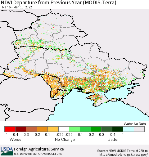 Ukraine, Moldova and Belarus NDVI Departure from Previous Year (Terra-MODIS) Thematic Map For 3/11/2022 - 3/20/2022