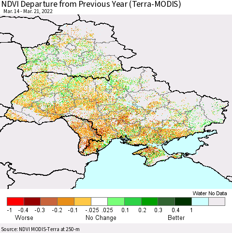 Ukraine, Moldova and Belarus NDVI Departure from Previous Year (Terra-MODIS) Thematic Map For 3/14/2022 - 3/21/2022