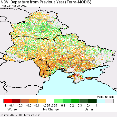 Ukraine, Moldova and Belarus NDVI Departure from Previous Year (Terra-MODIS) Thematic Map For 3/22/2022 - 3/29/2022