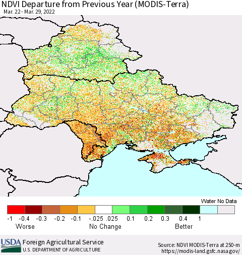 Ukraine, Moldova and Belarus NDVI Departure from Previous Year (Terra-MODIS) Thematic Map For 3/21/2022 - 3/31/2022