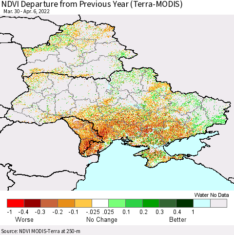 Ukraine, Moldova and Belarus NDVI Departure from Previous Year (Terra-MODIS) Thematic Map For 3/30/2022 - 4/6/2022