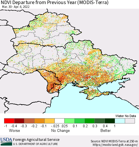 Ukraine, Moldova and Belarus NDVI Departure from Previous Year (Terra-MODIS) Thematic Map For 4/1/2022 - 4/10/2022