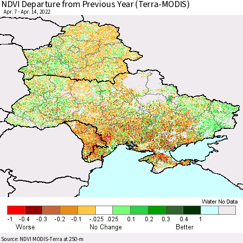 Ukraine, Moldova and Belarus NDVI Departure from Previous Year (Terra-MODIS) Thematic Map For 4/7/2022 - 4/14/2022