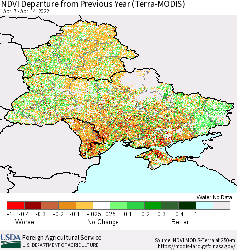 Ukraine, Moldova and Belarus NDVI Departure from Previous Year (Terra-MODIS) Thematic Map For 4/11/2022 - 4/20/2022