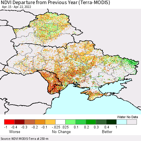 Ukraine, Moldova and Belarus NDVI Departure from Previous Year (Terra-MODIS) Thematic Map For 4/15/2022 - 4/22/2022