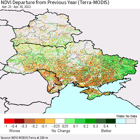Ukraine, Moldova and Belarus NDVI Departure from Previous Year (Terra-MODIS) Thematic Map For 4/23/2022 - 4/30/2022
