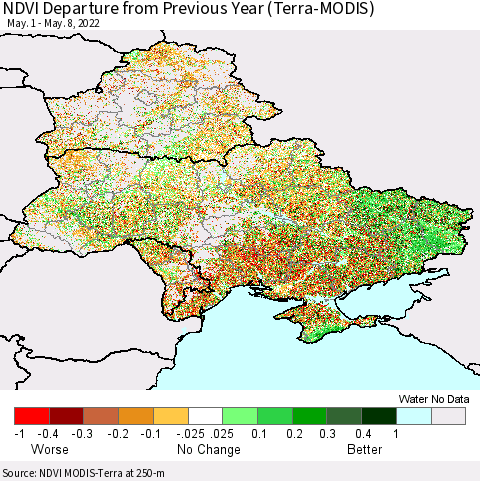 Ukraine, Moldova and Belarus NDVI Departure from Previous Year (Terra-MODIS) Thematic Map For 5/1/2022 - 5/8/2022