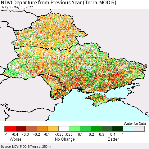 Ukraine, Moldova and Belarus NDVI Departure from Previous Year (Terra-MODIS) Thematic Map For 5/9/2022 - 5/16/2022