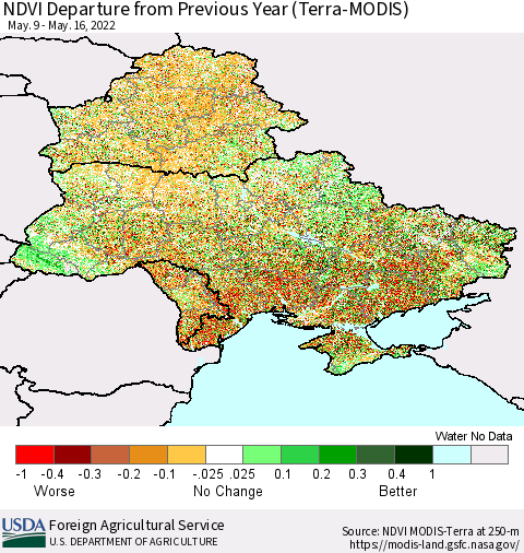 Ukraine, Moldova and Belarus NDVI Departure from Previous Year (Terra-MODIS) Thematic Map For 5/11/2022 - 5/20/2022