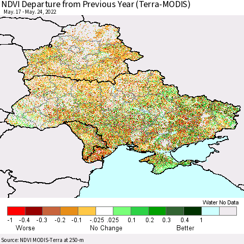Ukraine, Moldova and Belarus NDVI Departure from Previous Year (Terra-MODIS) Thematic Map For 5/17/2022 - 5/24/2022