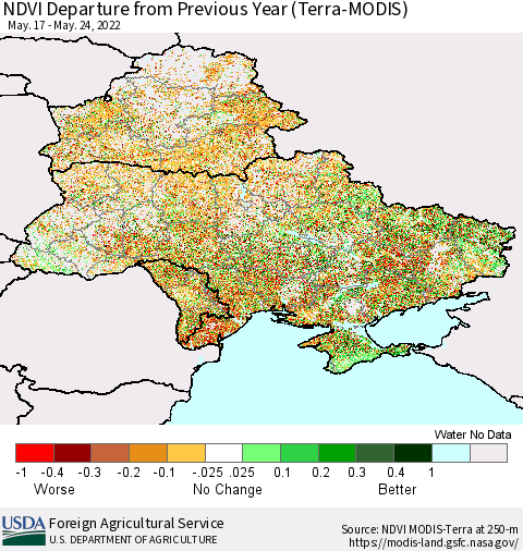 Ukraine, Moldova and Belarus NDVI Departure from Previous Year (Terra-MODIS) Thematic Map For 5/21/2022 - 5/31/2022