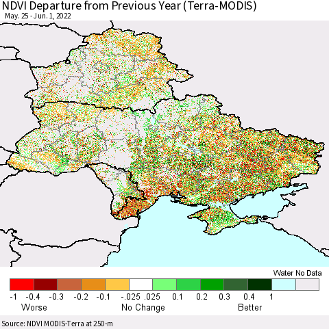 Ukraine, Moldova and Belarus NDVI Departure from Previous Year (Terra-MODIS) Thematic Map For 5/25/2022 - 6/1/2022