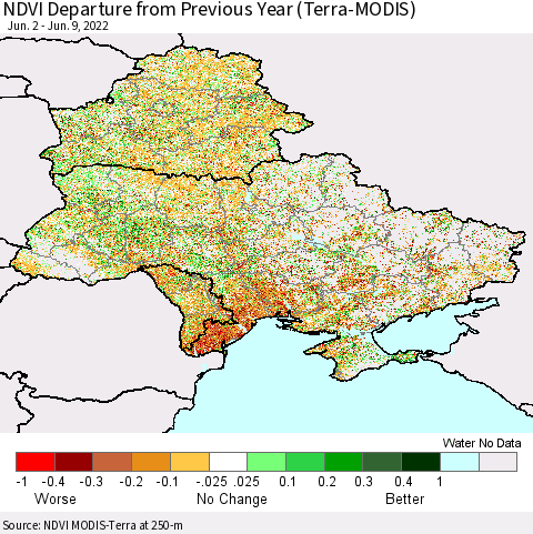 Ukraine, Moldova and Belarus NDVI Departure from Previous Year (Terra-MODIS) Thematic Map For 6/2/2022 - 6/9/2022