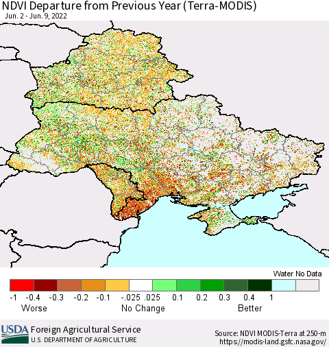 Ukraine, Moldova and Belarus NDVI Departure from Previous Year (Terra-MODIS) Thematic Map For 6/1/2022 - 6/10/2022